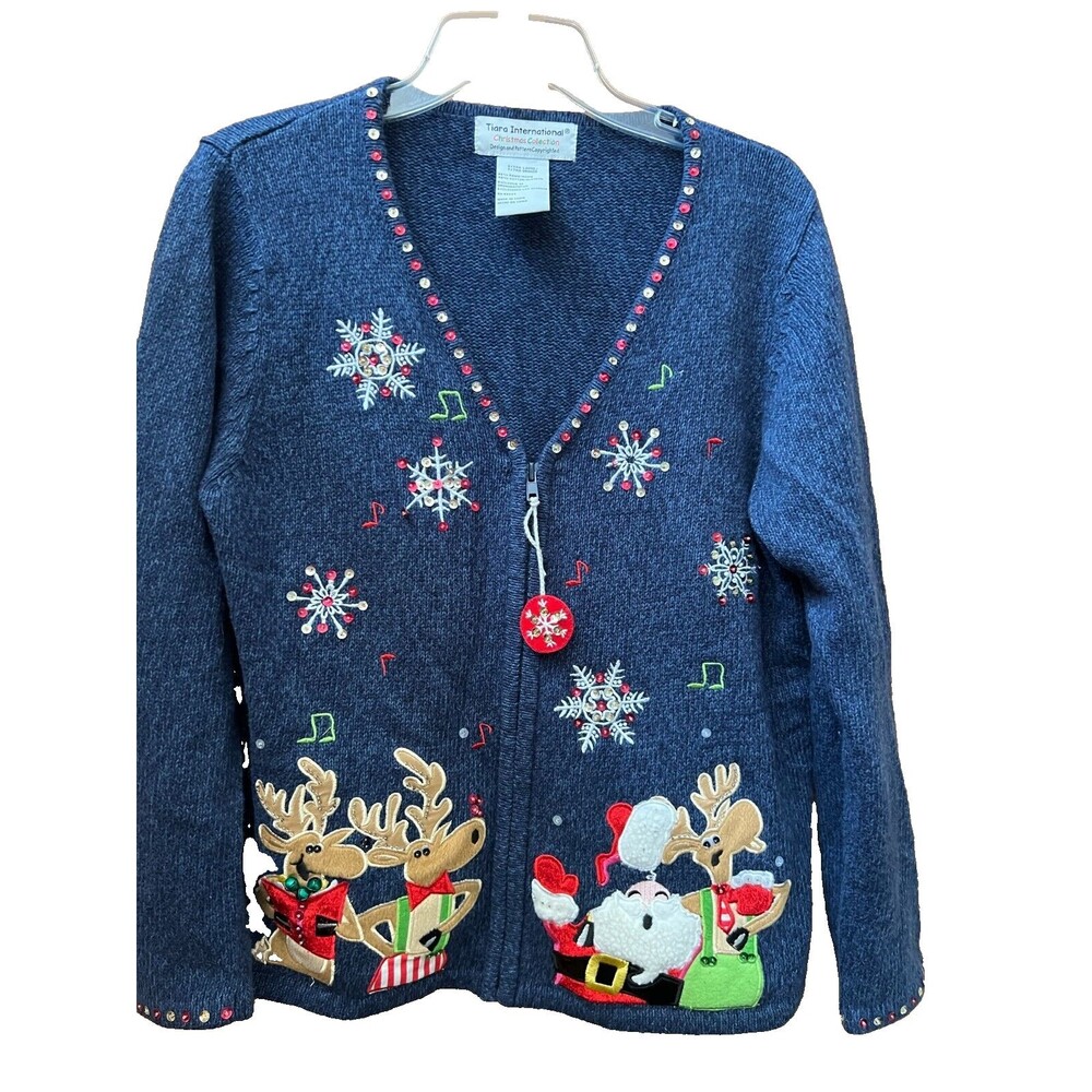 women's Vintage Tiara International Christmas sweater size XL Zip Front ugly top
